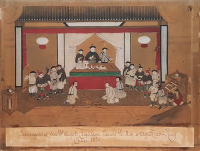 painting of a group of people sitting around a table in a room