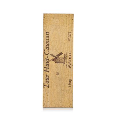 the wooden box is holding a bottle of wine and a bottle opener