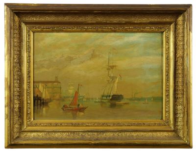 une peinture à l'huile représentant des bateaux sur l'eau près d'un embarcadère
