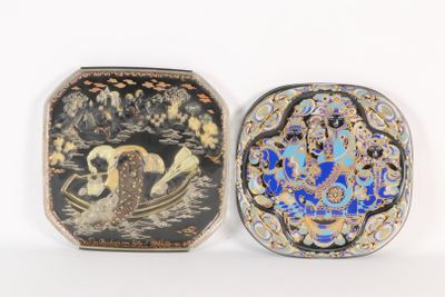 pair of japanese cloisons of black, gold, and blue decorated with birds
