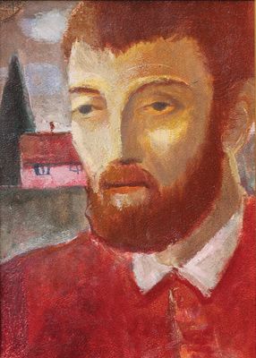 tableau représentant un homme barbu vêtu d'une chemise rouge