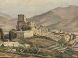 an oil painting of a castle on a hill with mountains in the background