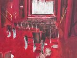 an image of a painting of a room with red walls and a red carpet
