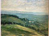 an oil painting of a view of a town in the distance