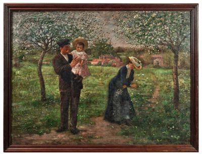 une peinture à l'huile représentant un homme tenant un enfant dans ses bras et une femme tenant un bébé dans ses bras