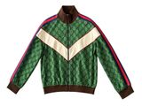a green jacket with red, white, and blue stripes