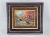 a painting of a river with a bridge in the middle