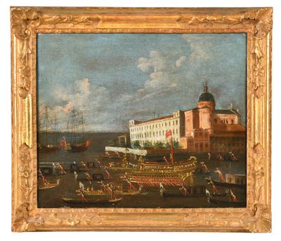 an oil painting of boats in a harbor with a building in the background