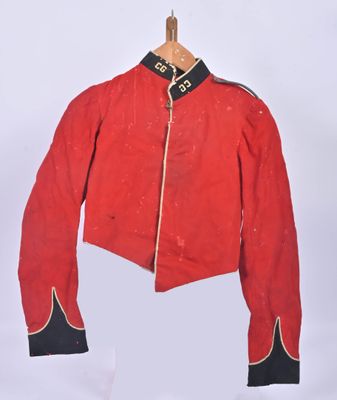 an image of a red jacket with black trims hanging on a wooden hanger