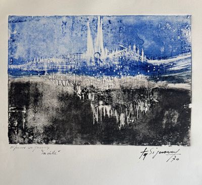 une image représentant une peinture bleue et blanche d'une ville