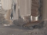an oil painting of a street scene with a person walking down the street
