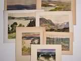 several watercolor paintings of mountains and a river are displayed on a wall