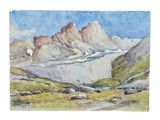 a watercolor painting of a mountain scene with a stream