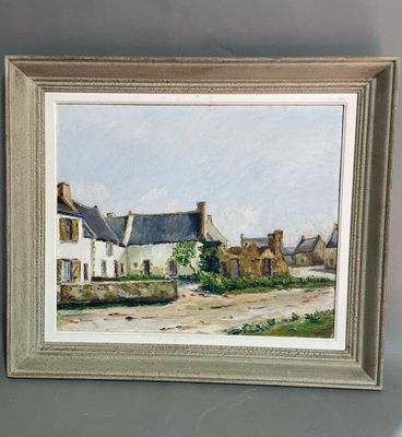une peinture à l'huile représentant une scène de village avec une maison blanche