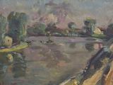 un tableau représentant une femme assise sur un banc au bord de l'eau