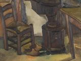 un tableau représentant une table sur laquelle se trouvent deux chaises et un bol