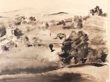 drawing of a landscape with a river and a village in the distance