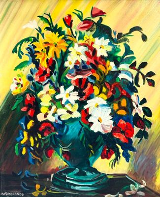 tableau représentant un vase de fleurs posé sur une table, sur fond jaune