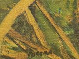 an image of a painting of a wheel with a plant in the background
