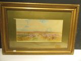 an oil painting of a field with a sky and clouds in the background