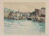 a watercolor painting of a harbor with boats in it