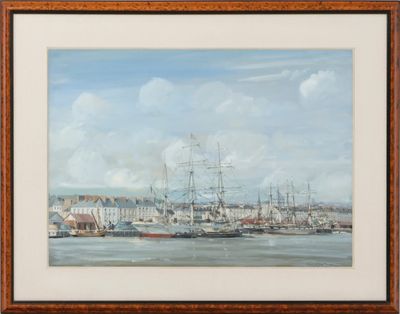 une image représentant une peinture d'une scène portuaire avec des bateaux sur l'eau