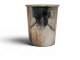 a silver cup with a design on it on a white surface