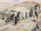 une image représentant un tableau représentant un paysage avec des arbres et des collines