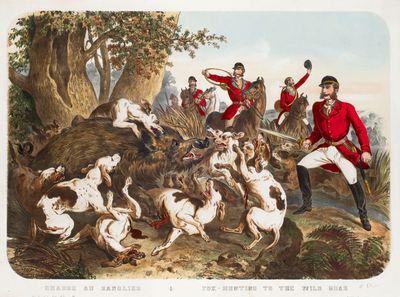 une image représentant un tableau où l'on voit un groupe d'hommes à cheval accompagnés de chiens