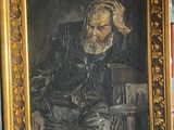 tableau représentant un vieil homme barbu assis sur une chaise