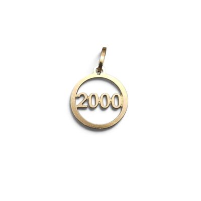 a close up of a gold pendant with the number 2000 on it