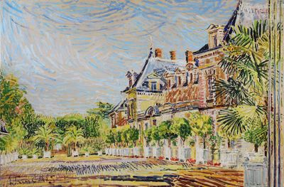 painting of a painting of a building with a fountain in front of it