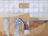 a painting on the wall of a kitchen with oranges in it