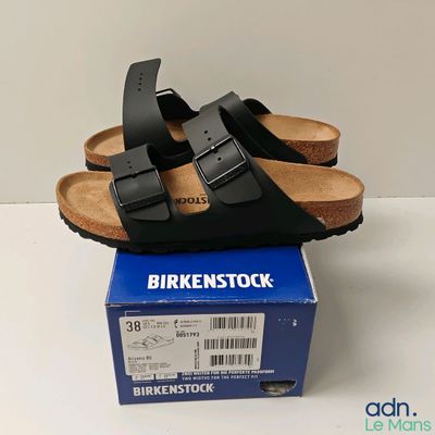 brand new in box birkenstock men ' s black leather sandals