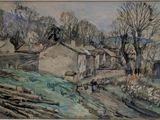 une aquarelle représentant une scène de village avec un cheval et une calèche