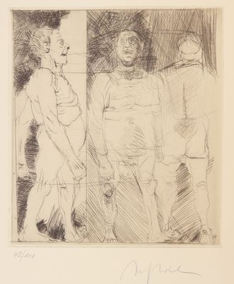 dessin représentant trois hommes debout côte à côte devant une fenêtre
