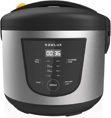 a close up of a black and silver rice cooker on a white background