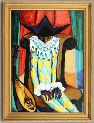 une peinture à l'huile représentant un homme coiffé d'un chapeau de cow-boy, assis sur une chaise avec une guitare