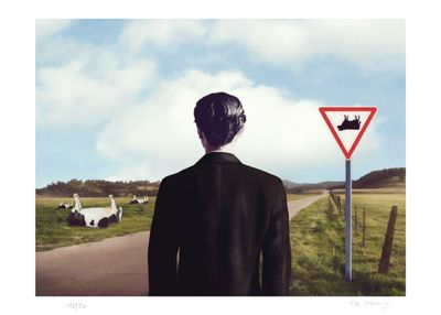 un tableau représentant un homme debout devant un panneau de signalisation