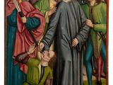 a painting of a man kneeling down next to a group of people
