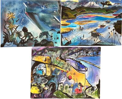 quatre tableaux différents représentant des personnes et des animaux sur une plage