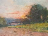 painting of a sunset over a field with trees and a river