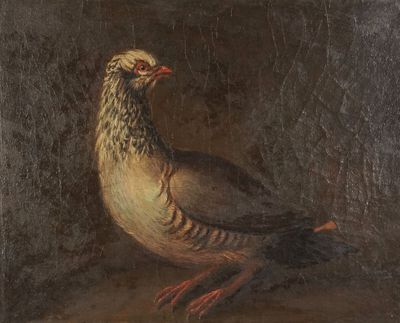 une peinture à l'huile représentant un oiseau posé sur une table, sur fond noir