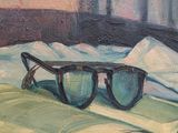 an oil painting of a book with sunglasses on top of it