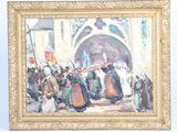 an oil painting of a group of people in front of a building