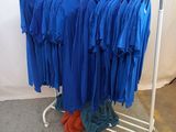 un portant sur lequel sont suspendues plusieurs chemises bleues