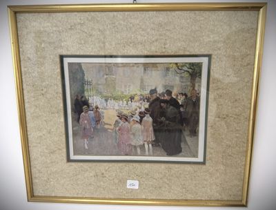 painting of a group of people standing around a table in a room