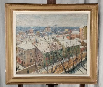 an oil painting of a cityscape in a frame on a easel