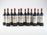 six bottles of red wine lined up in a row