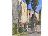 a painting of a building on the side of the road